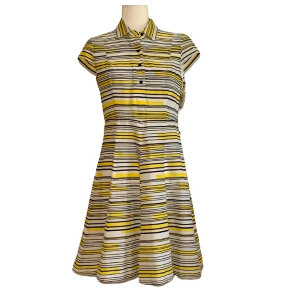 Nine West Dress Yellow Black White Striped Cap Sleeve Summer Dress Size 4 NEW